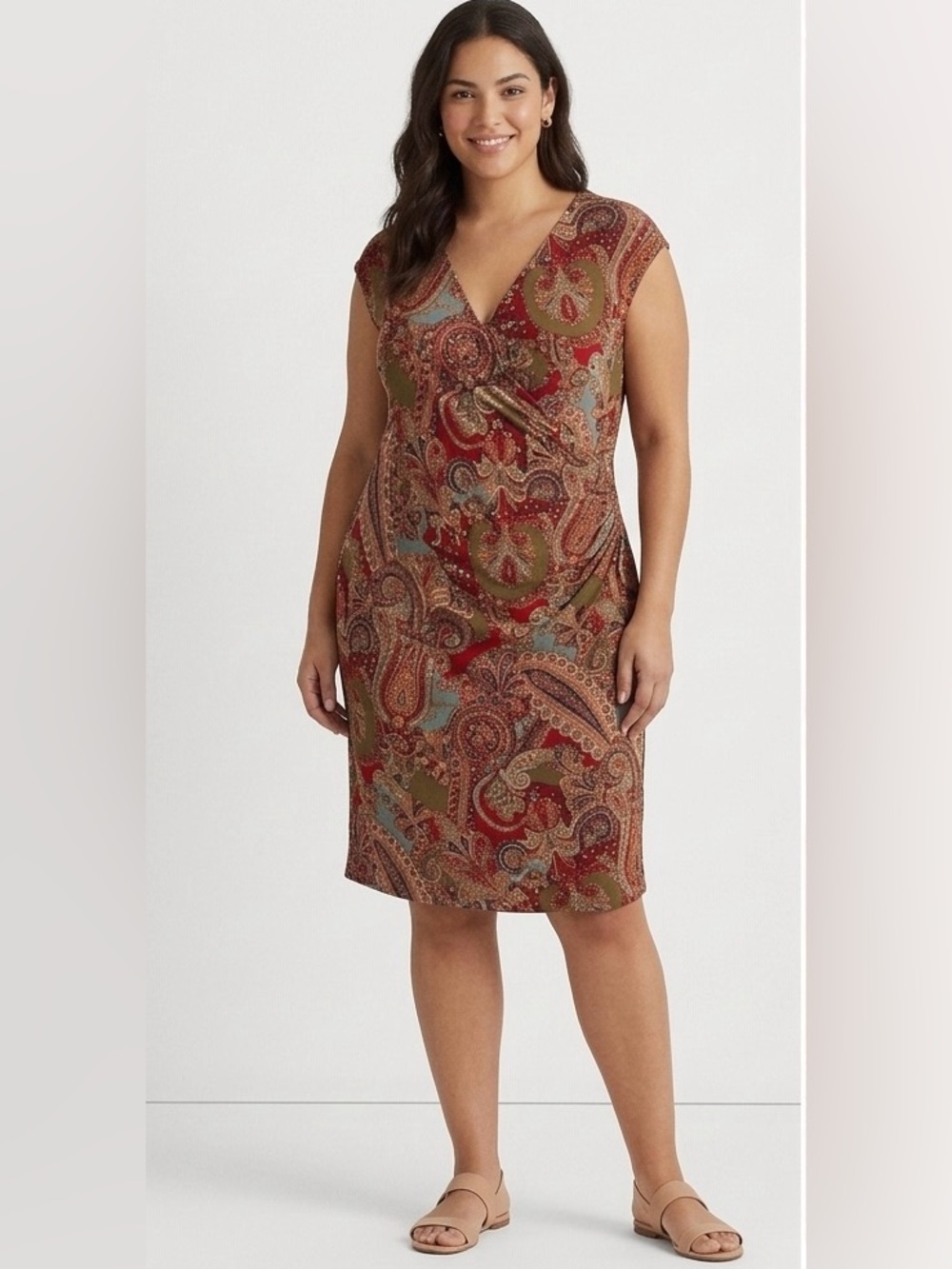 LAUREN Ralph Lauren Paisley Faux-Wrap Dress 3X Plus Size Red Olive Blue Stretch